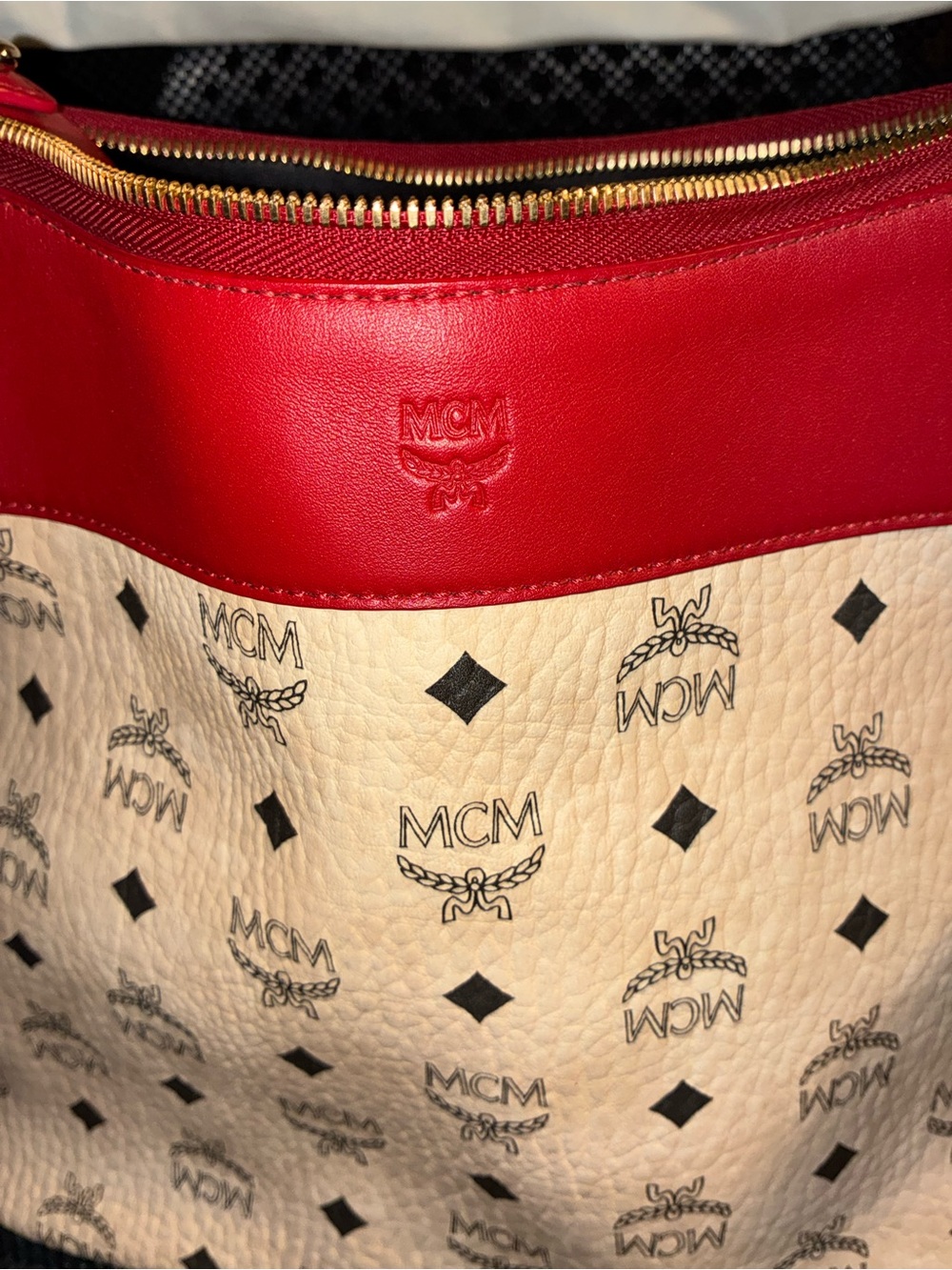 MCM Cream Logo Tote with Red Leather Trim